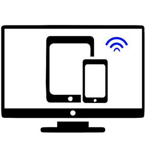 Ícone que mostra um monitor de computador, no qual estão sendo exibidos ícones de tablets e celulares com indicação de conectividade