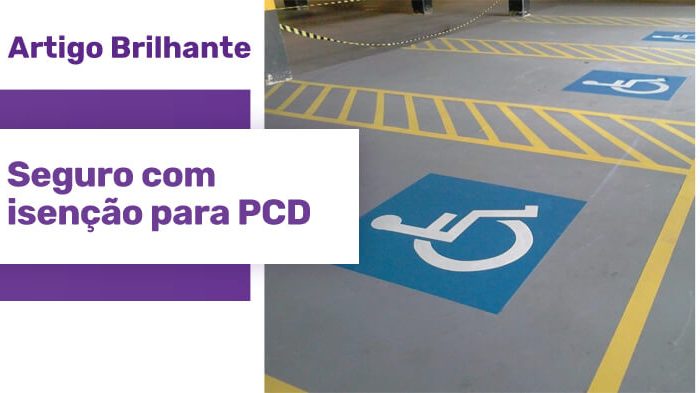Vaga de estacionamento sinalizada com o símbolo de vaga especial para pessoa com deficiência. Uma estrela roxa com o texto "Artigo Brilhante: Seguro com isenção para PCD"