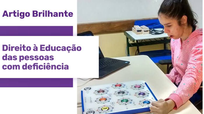 Jovem adulta com paralisia cerebral em uma sala de aula sentada em frente a uma mesa utilizando o Teclado TiX conectado em um notebook. Uma estrela roxa com o texto "Artigo Brilhante: direito à educação das pessoas com deficiência"