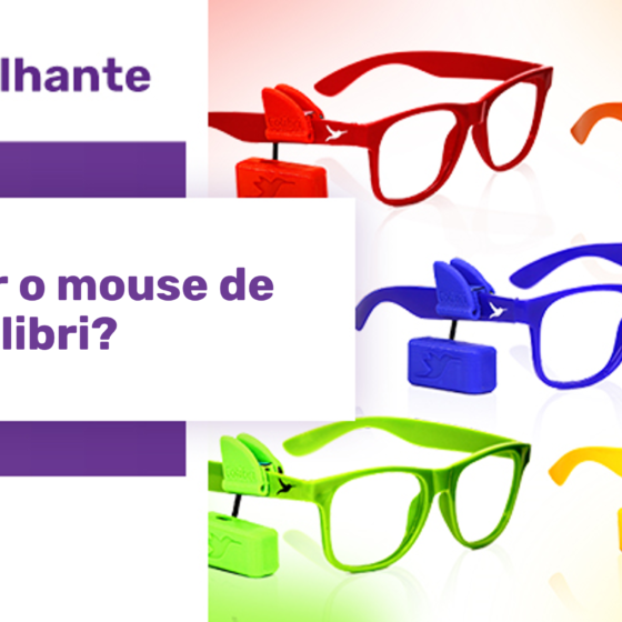 Uma estrela roxa com o texto "Artigo Brilhante: Como usar o Mouse de Cabeça Colibri" com uma foto contendo cinco óculos, cada um de uma cor diferente, sendo cada um com um colibri da mesma cor montado sobre uma das hastes