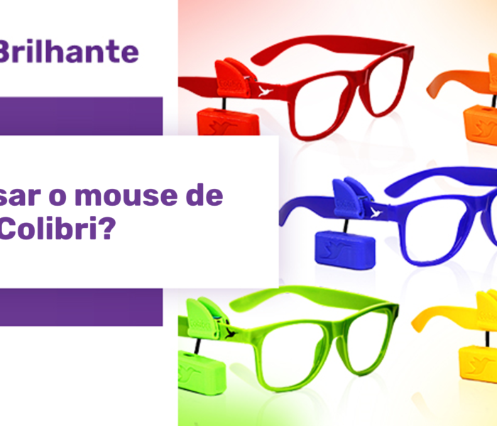 Uma estrela roxa com o texto "Artigo Brilhante: Como usar o Mouse de Cabeça Colibri" com uma foto contendo cinco óculos, cada um de uma cor diferente, sendo cada um com um colibri da mesma cor montado sobre uma das hastes